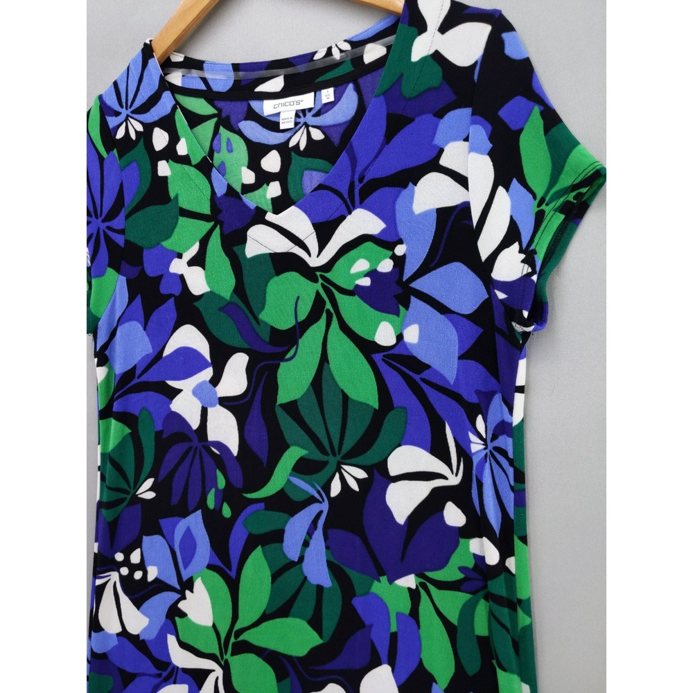 Chico's Maxi Dress Women 1 M Blue Green Floral Tropical V-Neck Short Sleeve - Picture 2 of 9